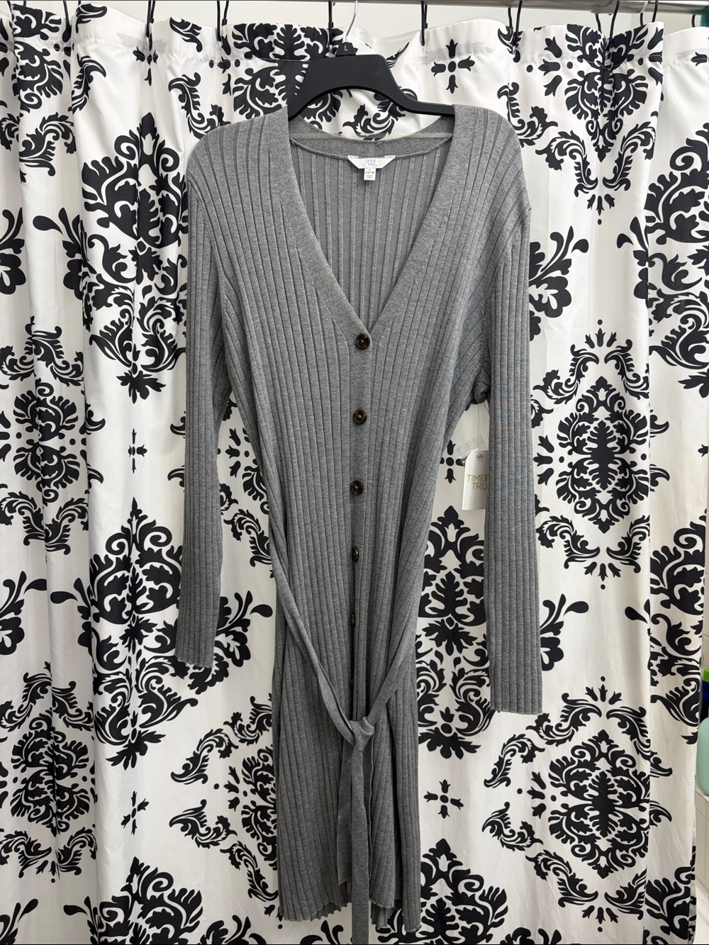 Time and Tru Ribbed Button-Front Long Cardigan Dress - Gray